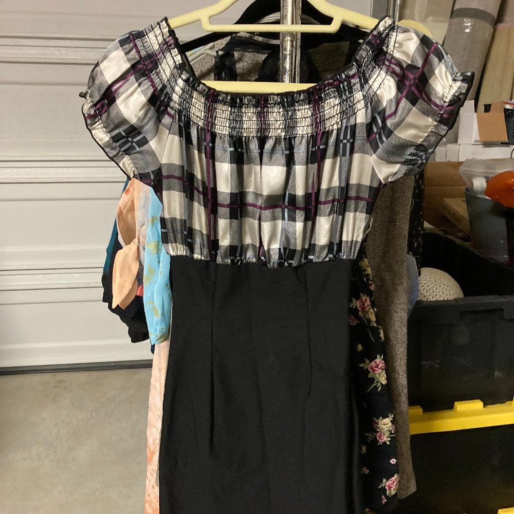 Plaid Puff Sleeve Dress with Black Skirt - Size S
